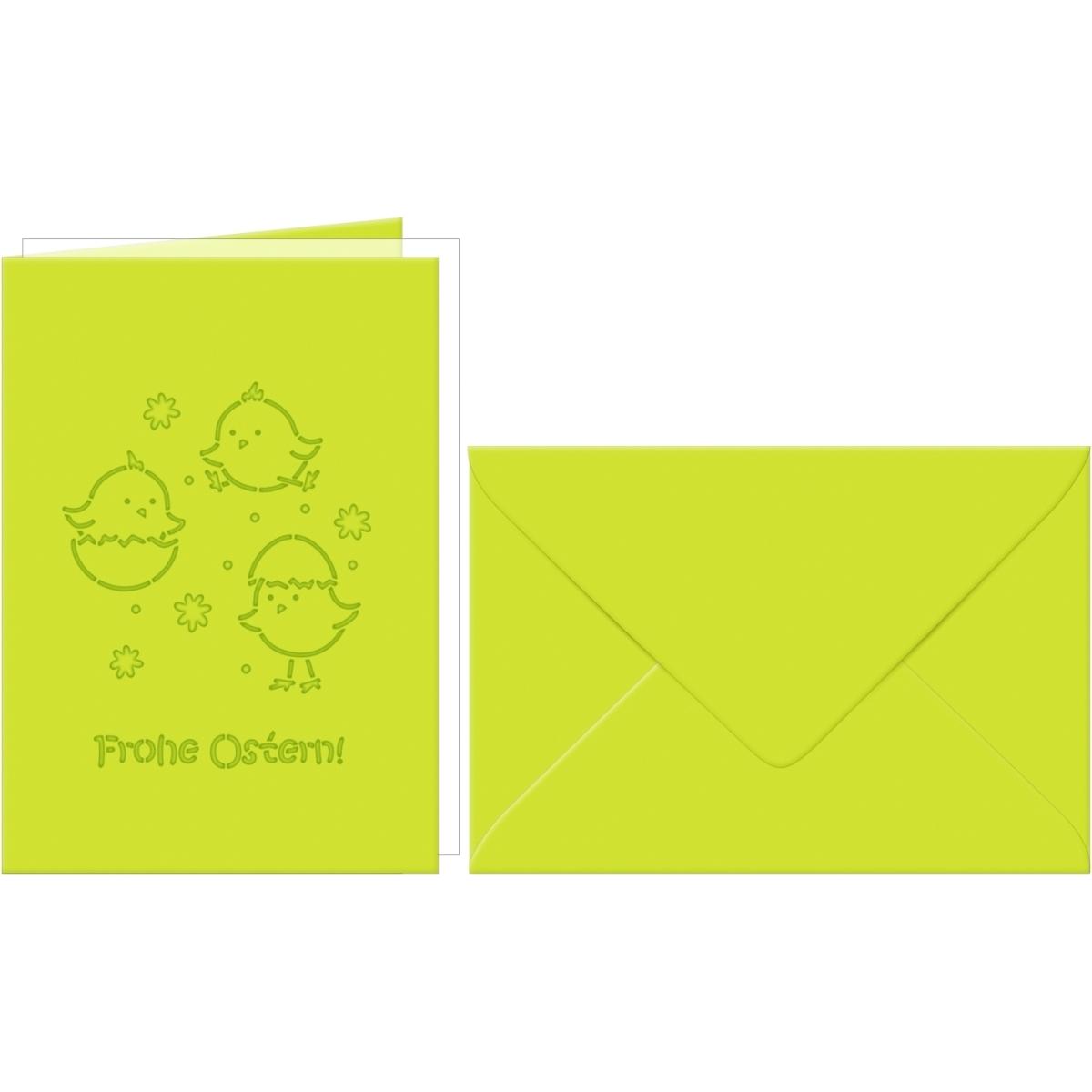 Ursus, Grusskarte + Briefpapier, Grusskarten gelasert A6 'Frohe Ostern 'Küken' hellgrün VE=5 Sets (5 Stk.)