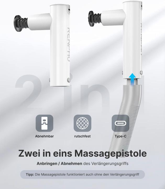 Actual product image Renpho Extend Massage Gun, White (4 Steps, 180 min)