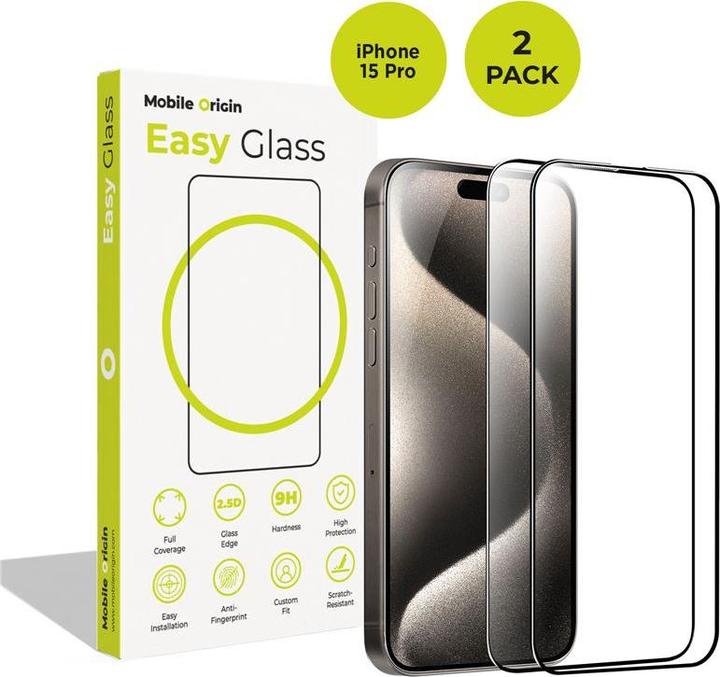 Mobile Origin EasyGlass iPhone 15 Pro Schutzglas / 2 Stück (2 Stk., Apple iPhone 15 Pro)
