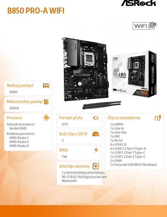 Image du produit AsRock B850 Pro-A WiFi (AM5, AMD B850, ATX)