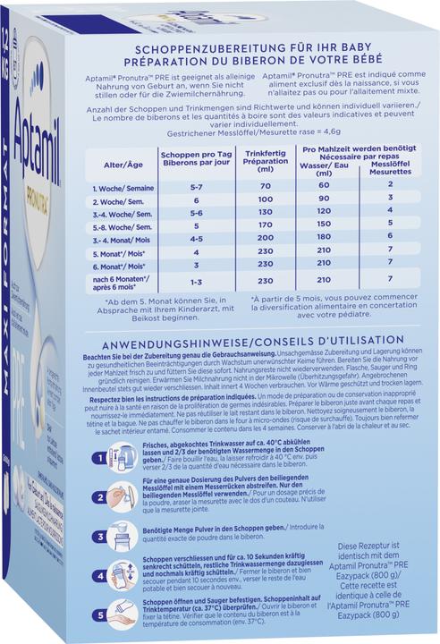 Valeurs nutritives et ingrédients Aptamil Pronutra Pre Bag In Box (1200 g, dès la naissance)
