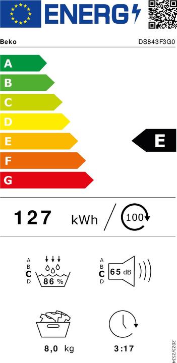 Energie-Label Beko MDA Wrmepumpentrockner 54 cm tief DS843F3G0 (8 kg, Rechts)