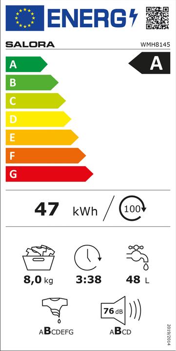 Energie-Label Salora WMH8145, Voorbelading, 8 kg, B, 76 dB, 1400 RPM, A (8 kg, Rechts)