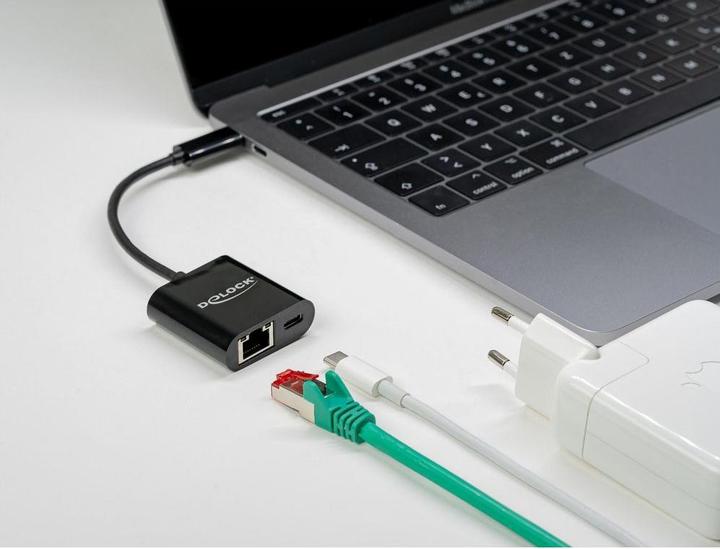 Produktbild Delock USB Type-C™ Adapter zu Gigabit LAN 10/100/1000 Mbps mit Power Delivery Anschluss schwarz (USB-C, RJ45 Gigabit Ethernet (1x))