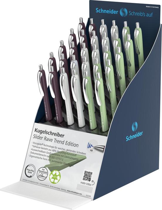 Schneider Display Kugelschreiber Slider Rave, 30 Teile, Pappe, Grösse (B x H x T): 160 mm, 305 mm, 203 mm (Biologisch groen, Pruim, Zilvergrijs, 30x)