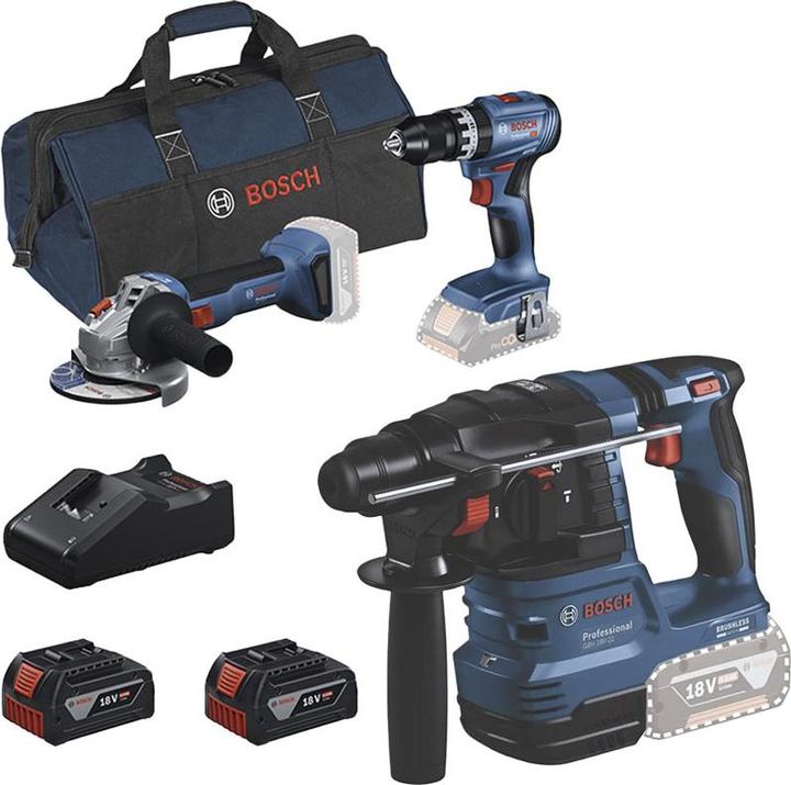 Bosch Professional 3 Tool Kit GBH+GSB+GWS, 2x Akku inkl. Tasche