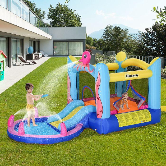 Produktbild Swisshandel24 Aufblasbare Hüpfburg mit Rutsche Spielburg für Kinder Trampolin aufblasbar Wasserrutsche Pool für 3-