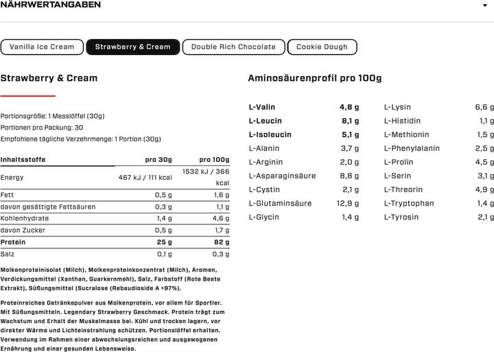 Nährwerte und Zutaten Vast Pro Whey (900G Dose) (Erdbeere, 1 x, 900 g)