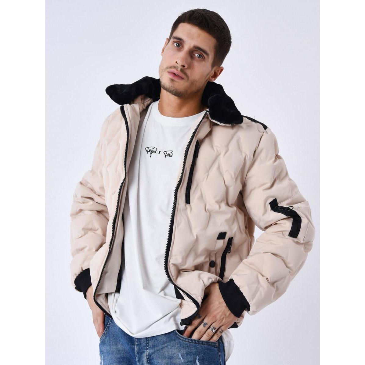 Thumbnail - Project X Paris, Herren, Jacke, Daunenjacke mit Fliegerkragen und Pelzbesatz (L), Beige, L