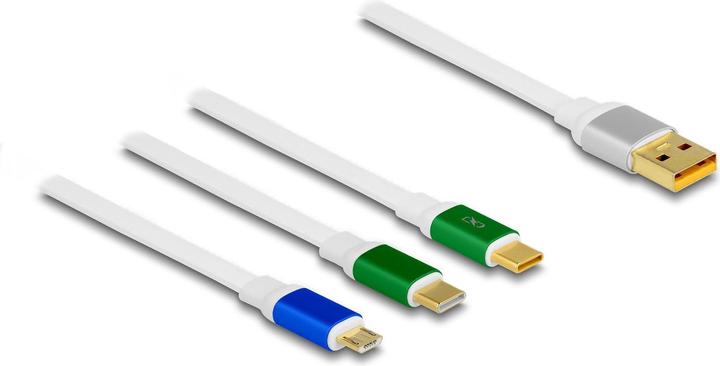 Immagine prodotto Delock Cavo di ricarica retrattile USB 7,60 cm (3"") 1 Type-A a Micro USB / 2 x USB Type-C™ con funzione (1.13 m, USB 2.0, 10 W)
