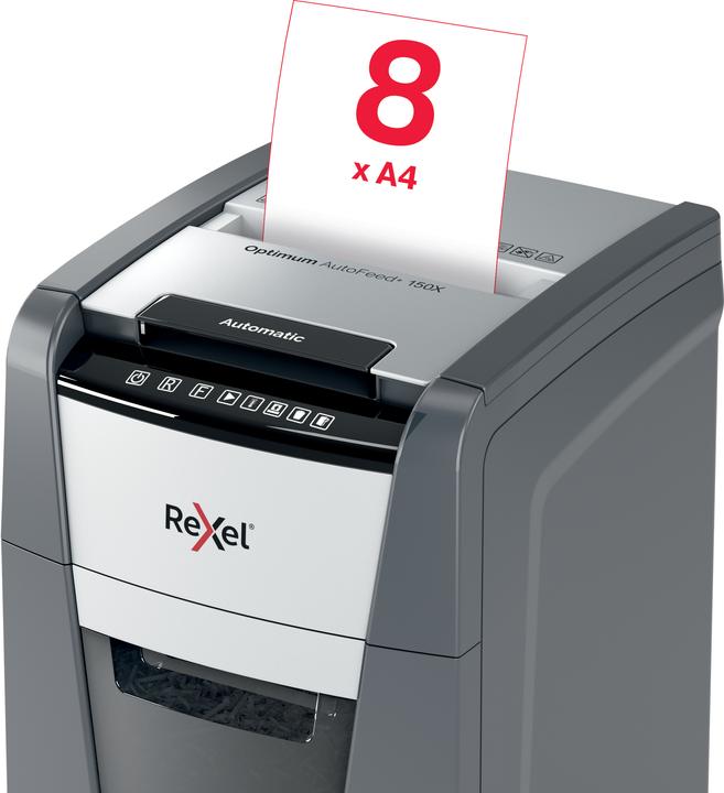 Productafbeelding Rexel Hakselaar Optimum AutoFeed+ 150X Deelsnede 4 x 28 mm 44 l Aantal vellen (max.): 150 Sic. (Gesneden deeltjes)