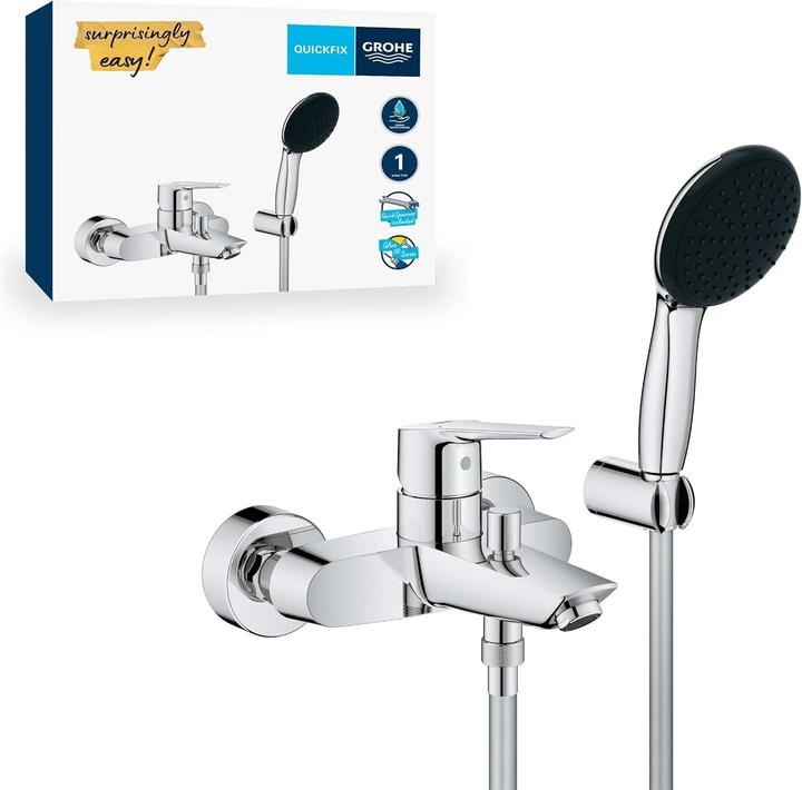 Produktbild Grohe Start QuickFixWannenarmatur und Vitalio Start 110 Handbrause-Set, kleben oder bohren, Watersaving Pl