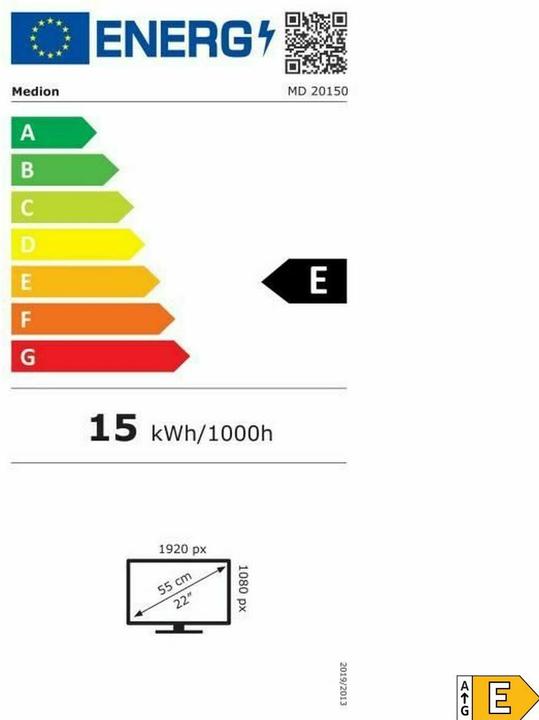 Energie-Label Medion AKOYA® P52218 (MD 20150) WIDESCREEN MONITOR 54,6 cm (22"), Full HD Display, HDMI und rahmenloses De (1920 x 1080 Pixel, 22")
