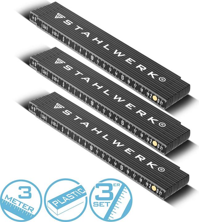 Produktbild Stahlwerk Zollstock 3er Set 3 Meter präziser Kunststoff-Gliedermassstab Meterstab (3 m)