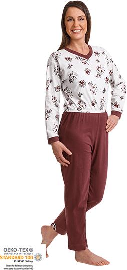 Image du produit Suprima Pyjama de soins long unisexe avec fermeture éclair dos et jambes foral, rouge foncé L