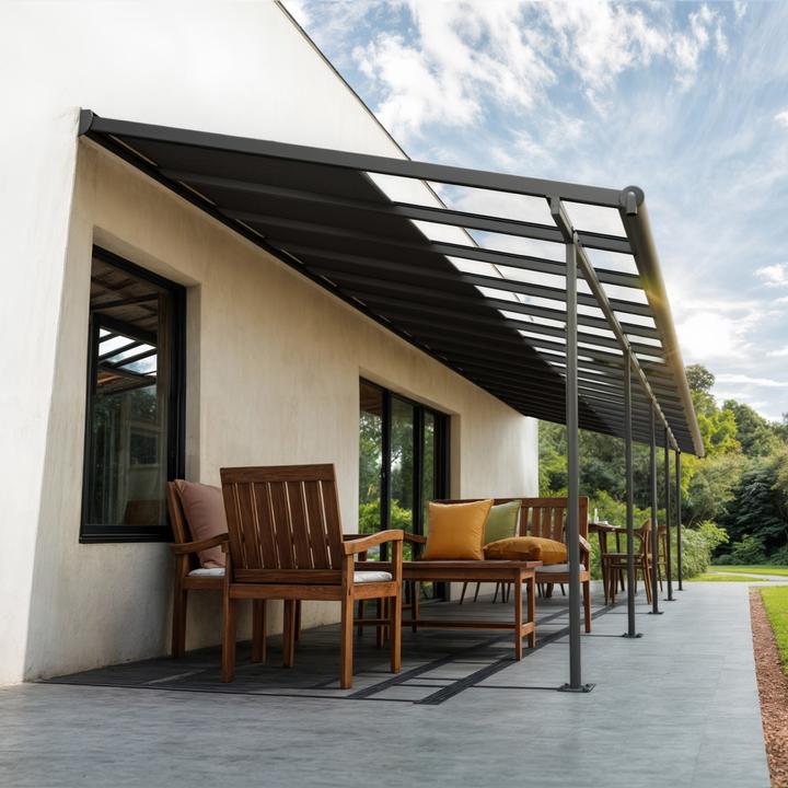 Actual product image Palram CANOPIA | Sierra Cabrio 10X34 / 3X10.4 Patio Cover Dark Grey Structure | Opaque Grey Panels
