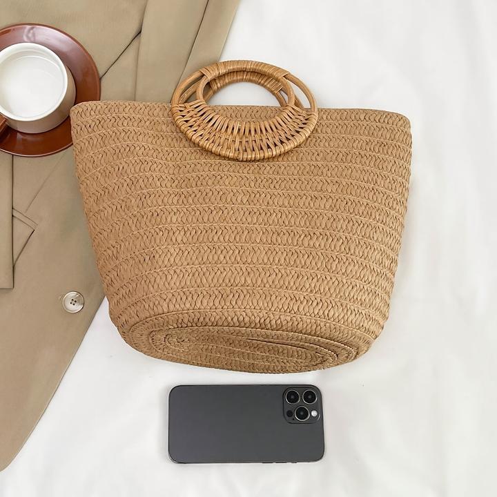 Actual product image Only-Bags.Store 1pc hohe Qualität, Sommer-Stil grosse Kapazität einfache Farbe gewebt Stroh runden Griff Strand
