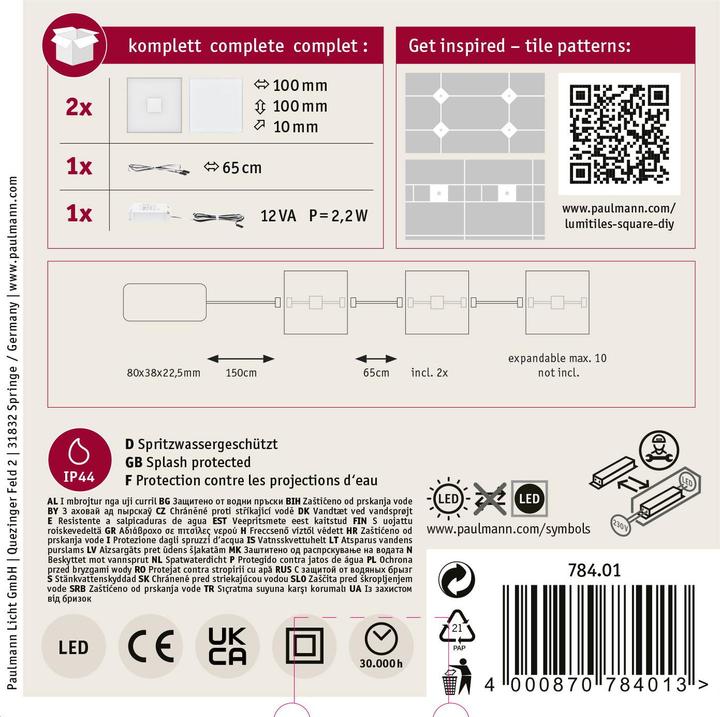 Immagine prodotto Paulmann Set base di piastrelle quadrate LumiTiles (Bianco caldo, 1 cm, Interno)