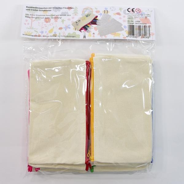 Image du produit Kögler Baumwollmäppchen zum Bemalen, Set mit 15 Mäppchen, 15 Stiften und 5 Schablonen, 20x12x0,5cm