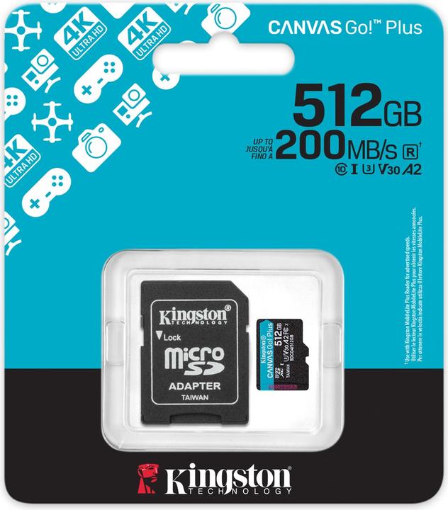 Actual product image Kingston Canvas Go! Plus +Adapter (512 GB, microSD, microSDXC, U3, UHS-I)