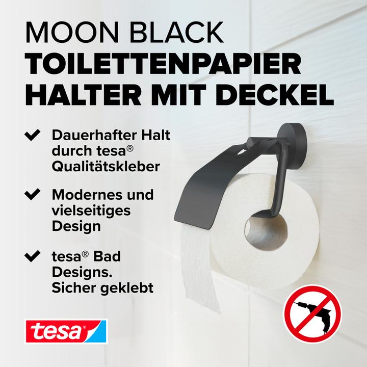 Image du produit tesa MOON BLACK Distributeur de papier toilette avec couvercle, y compris solution adhésive sans perçage