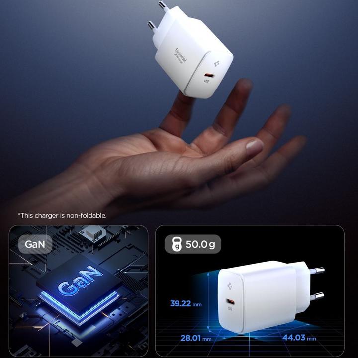 Actual product image Spigen - Wall Charger Essential (EE201EU) - Type-C, GaN, Fast Charging, PD20W, Quantum Boost - White (20 W)