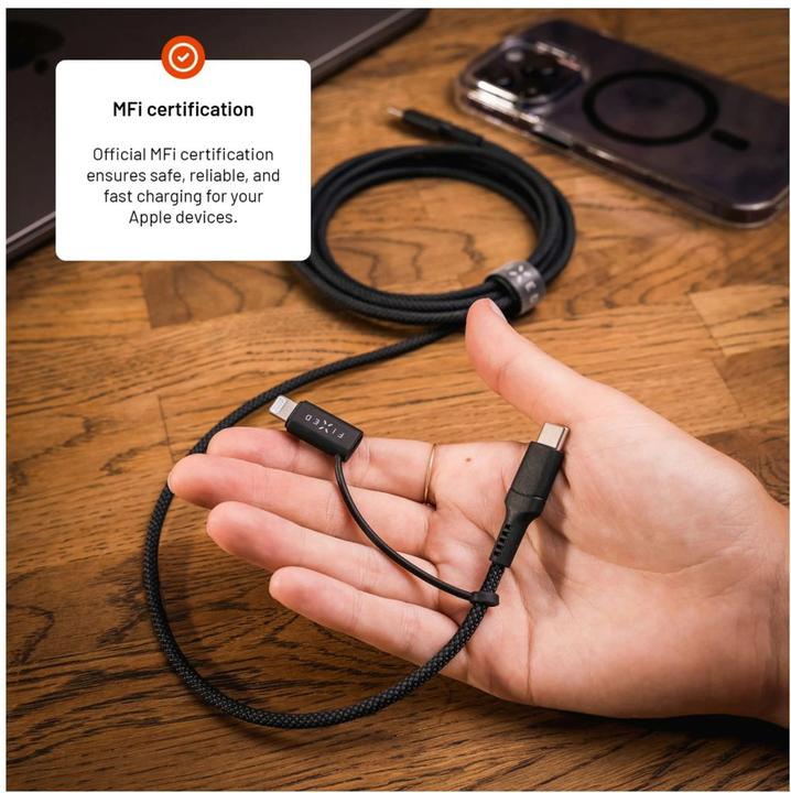Actual product image Fixed Braided Cable USB-C/USB-C, Lightning Adapter, 3m, MFi, PD 60W, gray (3 m, USB 2.0, 60 W)