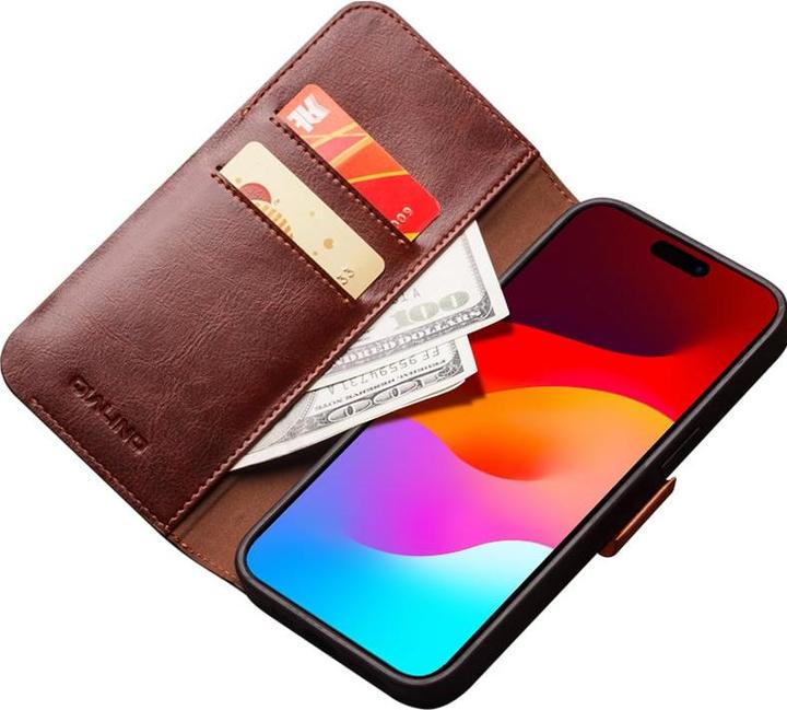 Actual product image QiAlino Fourre Flip cuir véritable avec fermeture magnétique foncé (Apple iPhone 14 Pro Max)