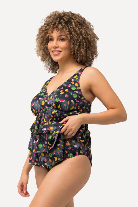 Image du produit Ulla Popken Tankini à volants, bonnets souples, matière recyclée dans un imprimé fruits (42 A)