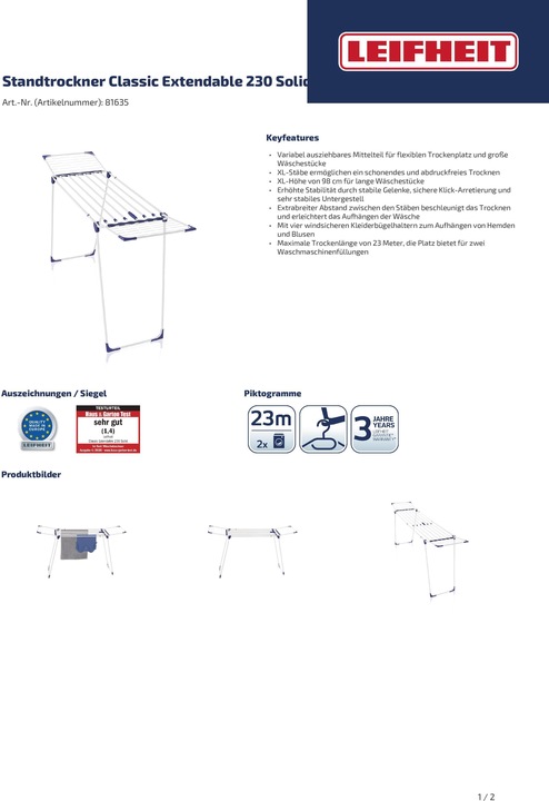 Actual product image Leifheit Classic Extendable 230 Solid tumble dryer (23 m)