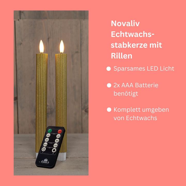 Actual product image Novaliv Stabkerzen LED mit Timer GOLD 2er indoor mit Timer Funktion 6 Stunden ECHTWACHS gerippt 23cm Höhe (2 x)