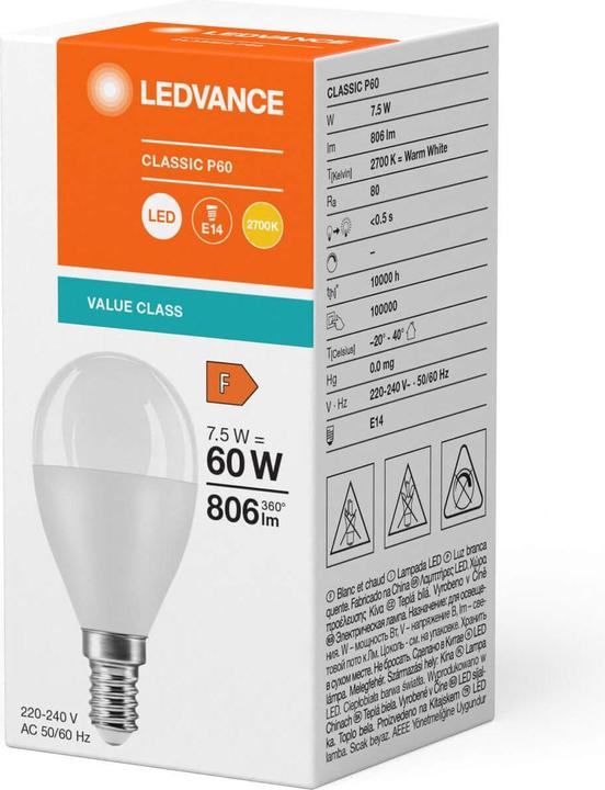 Actual product image Ledvance LED drop lamp (E14, 7.50 W, 806 lm, 1 x, F)