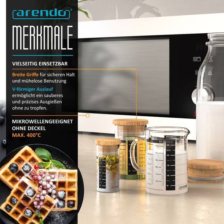 Produktbild Arendo Messbecher-Set, 50 ml, 125 ml & 250 ml aus Glas für Küche, luftdicht, Bambusdeckel, Silikondichtung (250 ml)