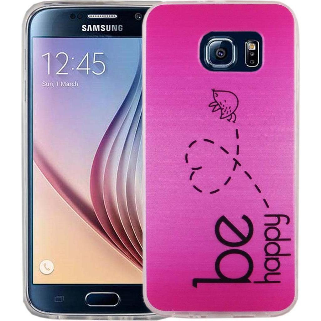 König Design Handy Hülle für Samsung Galaxy S6 Be Happy Pink Tasche Cover Motiv Slim TPU Neu (Samsung Galaxy S6), Smartp...