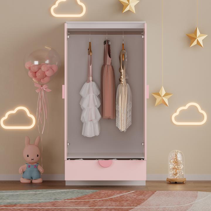 Actual product image En.Casa Kinderkleiderschrank Sandnes mit Schublade 123x60x40 cm Rosa (60 cm)