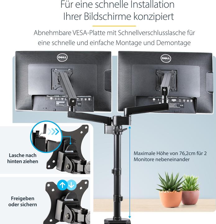 Produktbild StarTech com ARMDUALPIVOT, Klemme, 16 kg, 81,3 cm (32 Zoll), 100 x 100 mm, Höhenverstellung, Schwarz (Tisch, 32", 16 kg)