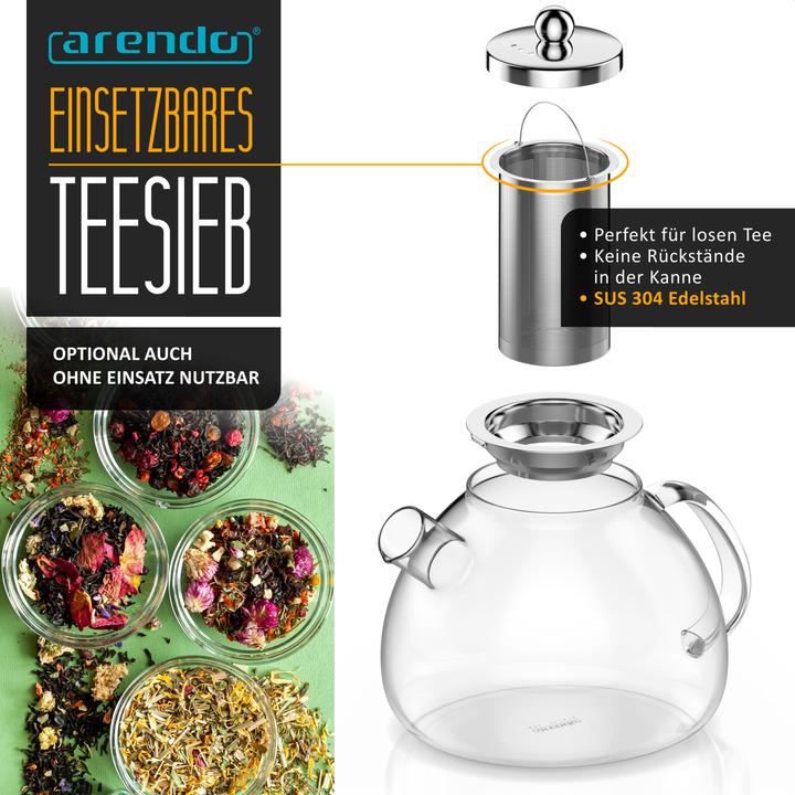 Produktbild Arendo Teekanne 1,5 L, Teebereiter Borosilikatglas, Teefilter Teesieb für losen Tee, Edelstahl Siebeinsatz (1.50 l)