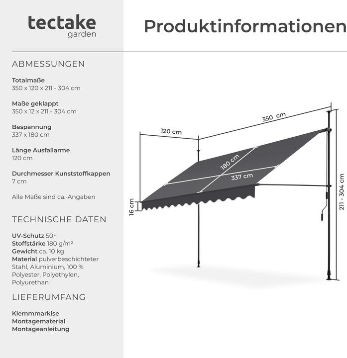 Produktbild tectake Klemmmarkise (3.50 m)