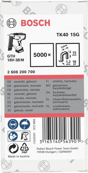 Produktbild Bosch Professional Zubehör Schmalrückenklammer TK40 15G, 5,8 mm, 1,2 mm, 15 mm, verzinkt