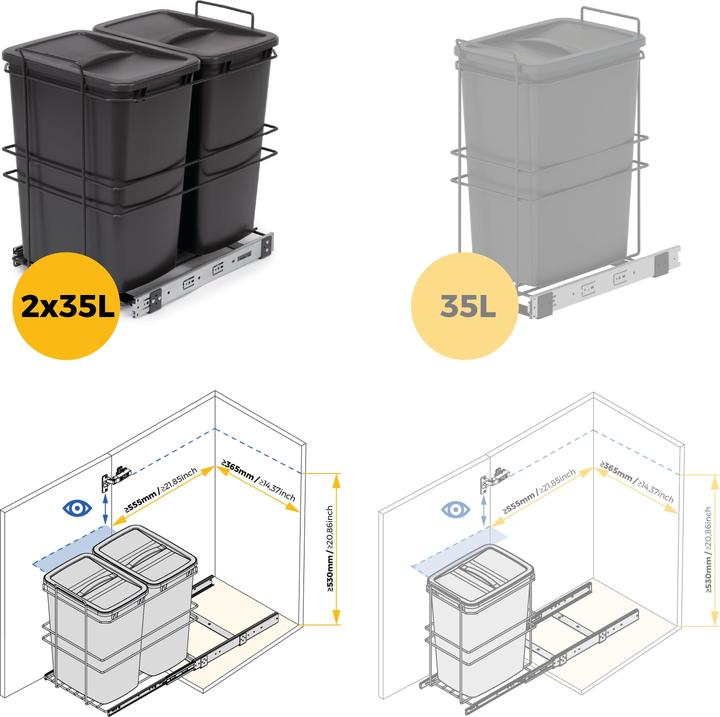 Produktbild Emuca Recyclingbehälter für die Küche mit Bodenbefestigung und manueller Auszug (70 l)