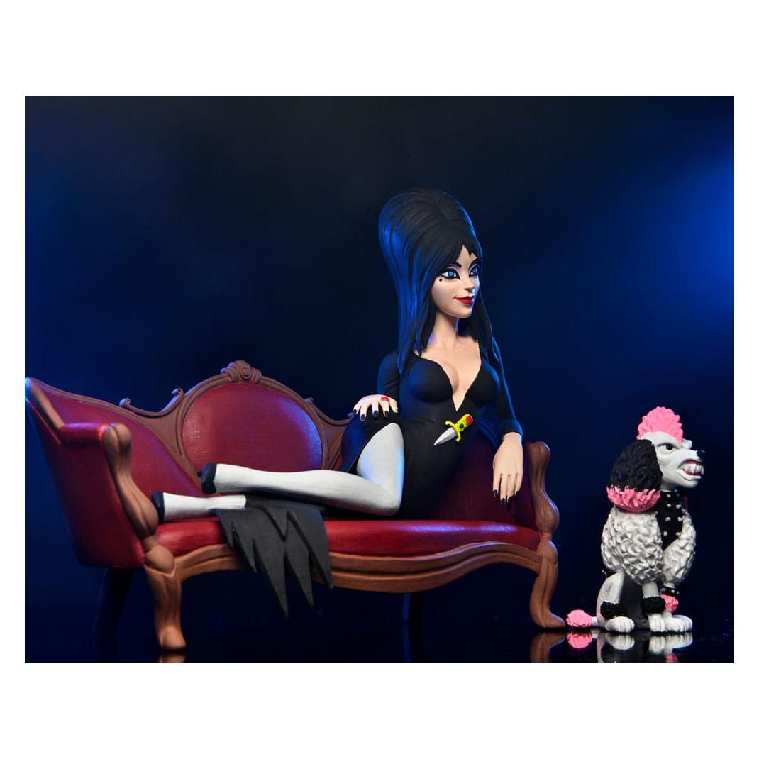Neca Elvira, Mistress of the Dark statuina Toony Terrors Elvira sul divano 15 cm