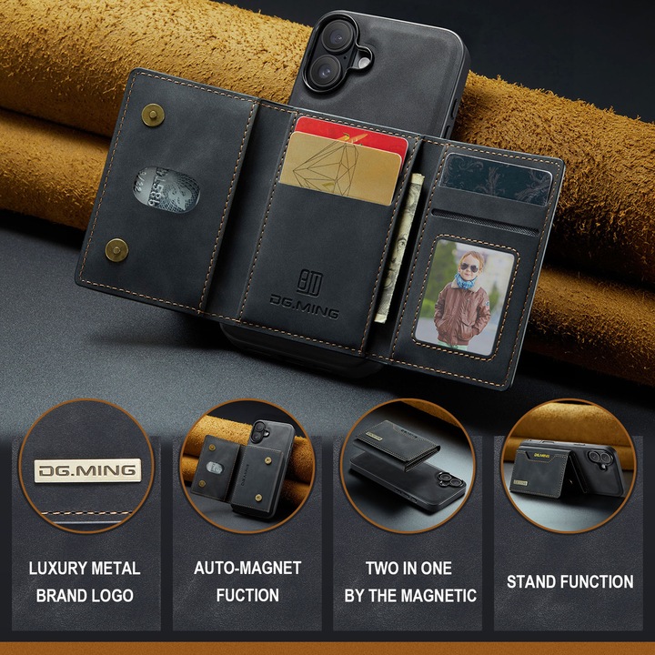Produktbild Dg.Ming iPhone 7/8/SE 2020/SE 2022 - Etui, Leder-Optik, Kartenfach & Magnetverschluss, Schwarz (Apple iPhone 8, Apple iPhone SE, Apple iPhone 7)