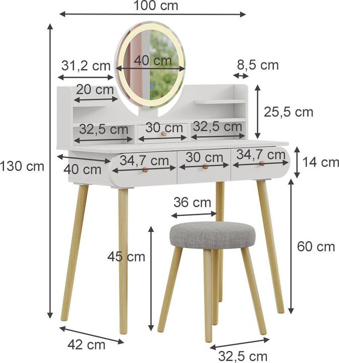 Produktbild Vicco Edda mit LED-Spiegel und Hocker (100 x 40 x 76 cm)