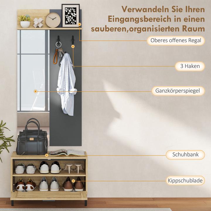 Produktbild Homcom Garderobe Set MDF, Spiegel Naturholz