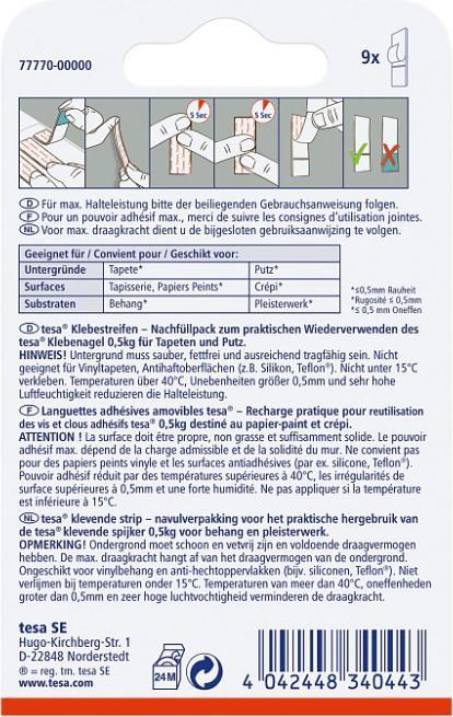 Produktbild tesa Powerstrips für Tapete & Putz, 0,5kg Halteleistung, 9x doppelseitige Klebestreifen