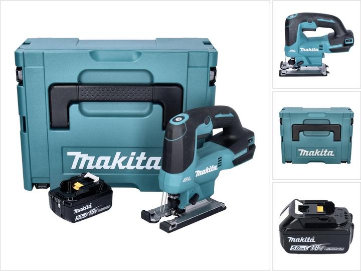 1x Makita DJV 184 cordless pendulum action jigsaw, 1x plastic glide shoe, 1x jigsaw blade B-50 wood, 1x Makita BL 1850 B 18 V 5.0 Ah battery, 1x Makita Makpac case, 1x universal insert, without charger