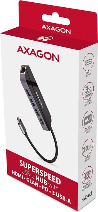 Produktbild Axagon HMC-6GL USB-Hub, 3x USB-3.0, 1x RJ-45, 1x HDMI (USB-C, 6 Ports)