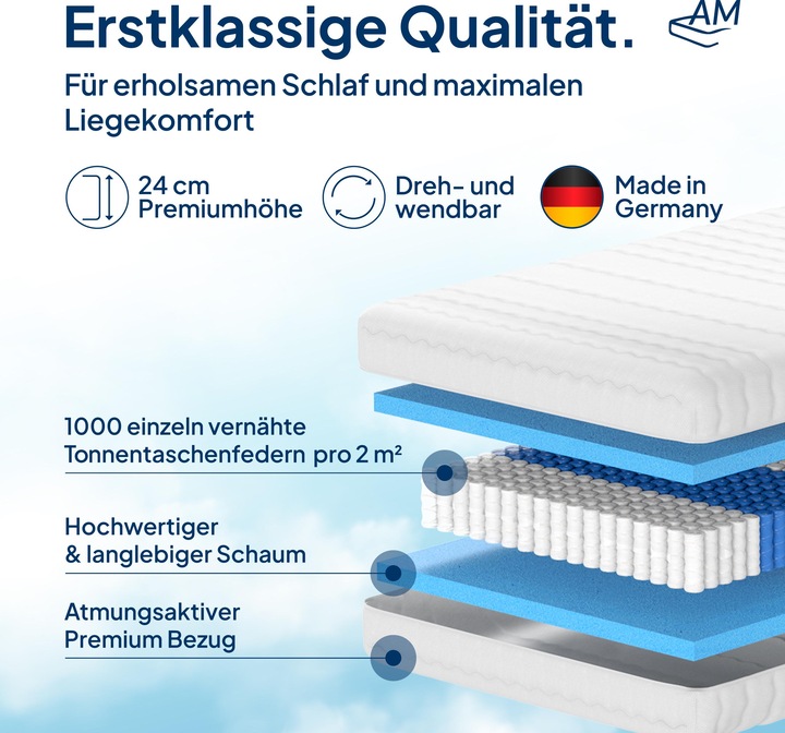 Produktbild AM Qualitätsmatratzen 1000 Federn 7-Zonen Taschenfederkern (90 x 210 cm, Federkern)