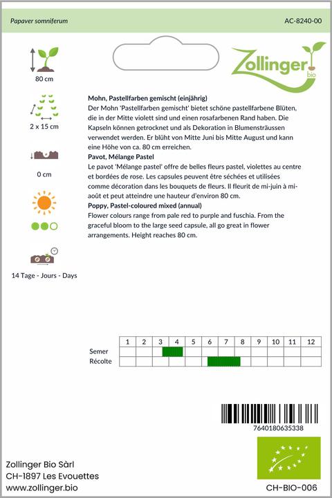Produktbild Zollinger Bio Mohn, Pastellfarben gemischt (einjährig)