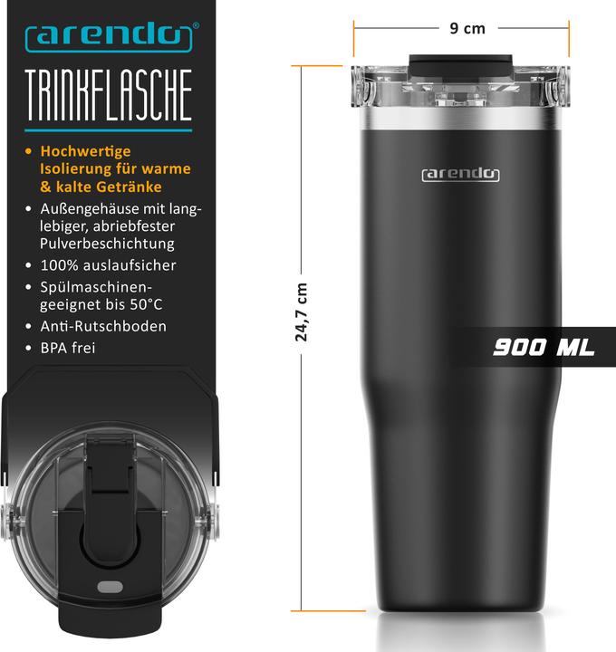 Produktbild Arendo Thermobecher 900 ml, Thermal Mug, Kaffee to go Becher mit Deckel aus Edelstahl 0,9 L, auslaufsicher (0.90 l)